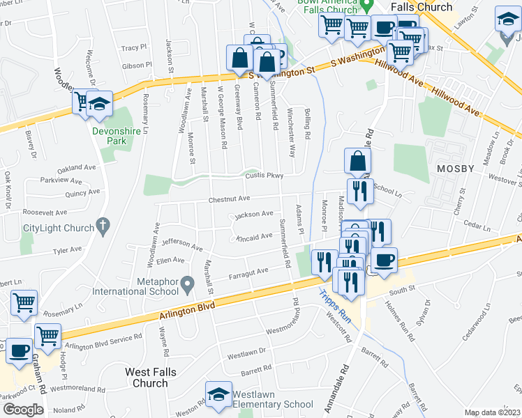 map of restaurants, bars, coffee shops, grocery stores, and more near 6808 Jackson Avenue in Falls Church