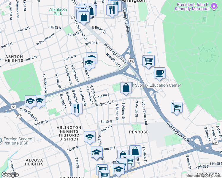map of restaurants, bars, coffee shops, grocery stores, and more near 112 South Barton Street in Arlington