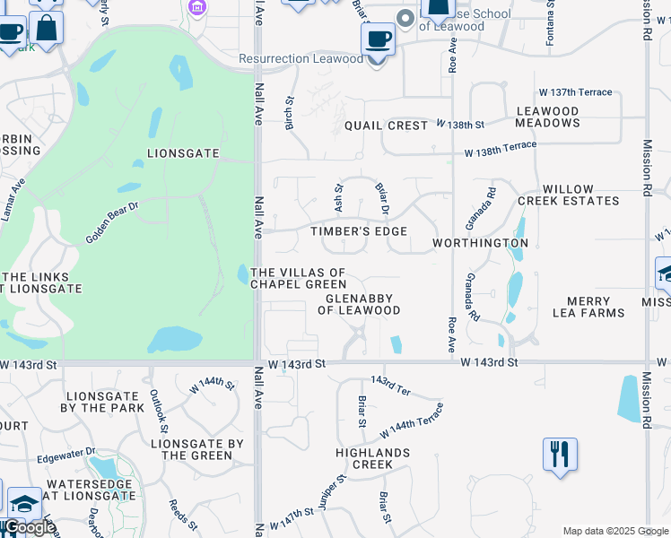 map of restaurants, bars, coffee shops, grocery stores, and more near 14140 Juniper Street in Overland Park