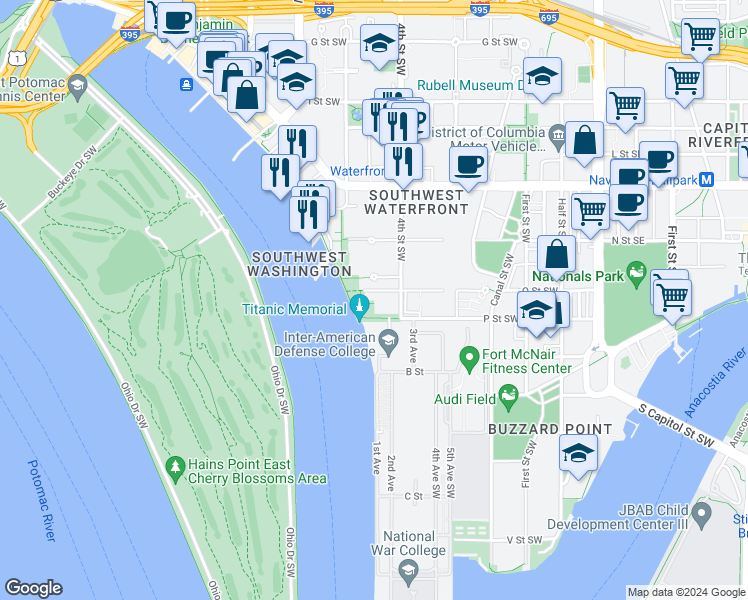map of restaurants, bars, coffee shops, grocery stores, and more near 1435 4th Street Southwest in Washington
