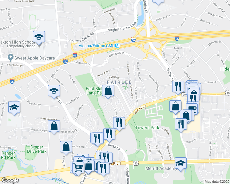 map of restaurants, bars, coffee shops, grocery stores, and more near 3022 Hickory Grove Court in Fairfax