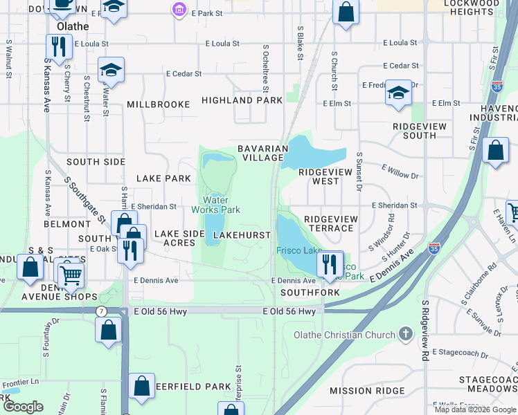 map of restaurants, bars, coffee shops, grocery stores, and more near 771 South Keeler Street in Olathe