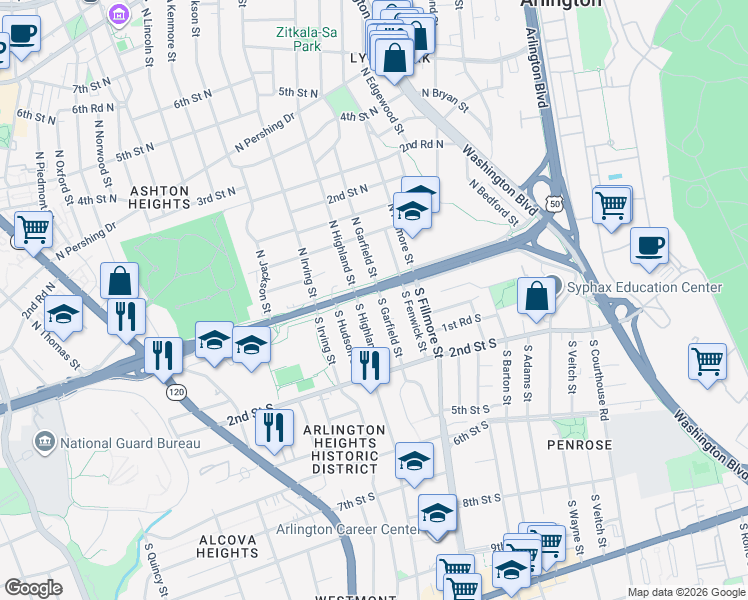 map of restaurants, bars, coffee shops, grocery stores, and more near 6 South Garfield Street in Arlington