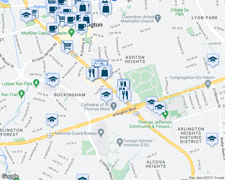 map of restaurants, bars, coffee shops, grocery stores, and more near N Glebe Rd & Piedmont St in Arlington