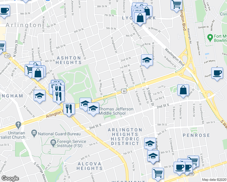 map of restaurants, bars, coffee shops, grocery stores, and more near 6 North Irving Street in Arlington