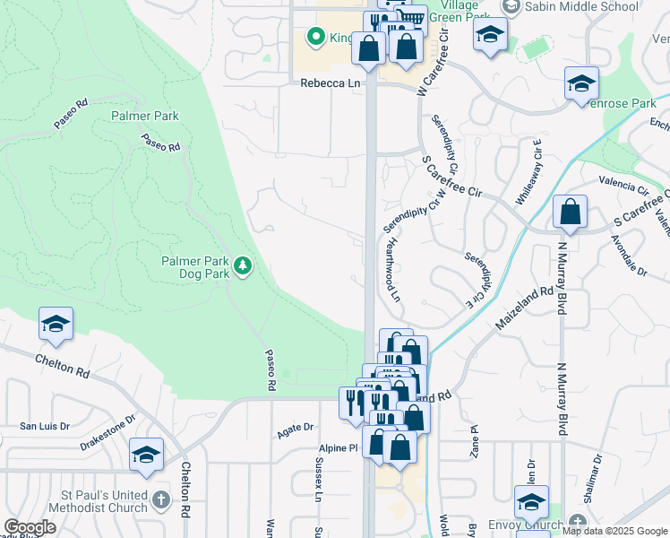 map of restaurants, bars, coffee shops, grocery stores, and more near 2850 North Academy Boulevard in Colorado Springs
