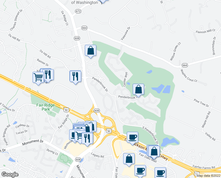 map of restaurants, bars, coffee shops, grocery stores, and more near 3805 Green Ridge Court in Fairfax
