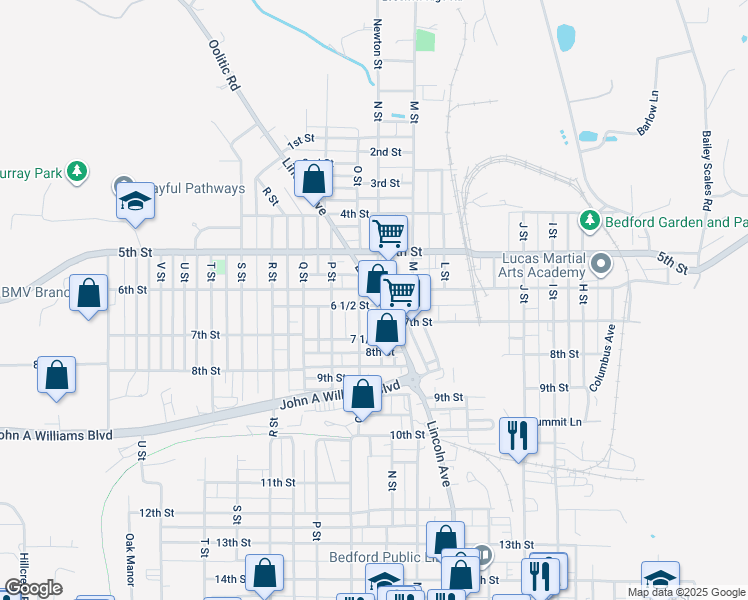 map of restaurants, bars, coffee shops, grocery stores, and more near 629 Lincoln Avenue in Bedford