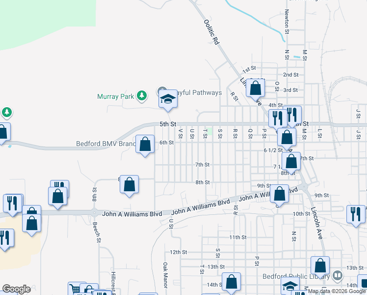 map of restaurants, bars, coffee shops, grocery stores, and more near 615 U Street in Bedford