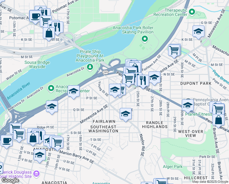 map of restaurants, bars, coffee shops, grocery stores, and more near 2200 Minnesota Avenue Southeast in Washington