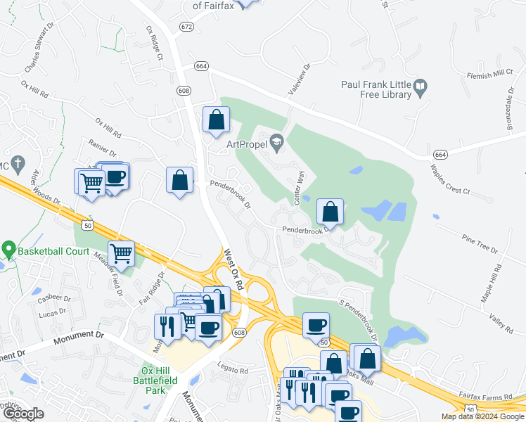 map of restaurants, bars, coffee shops, grocery stores, and more near 3805 Green Ridge Court in Fairfax
