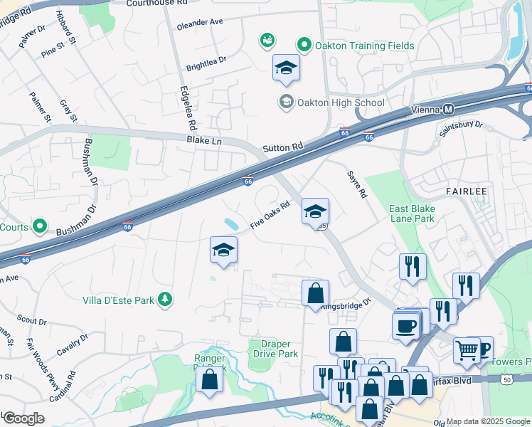 map of restaurants, bars, coffee shops, grocery stores, and more near 3034 Steven Martin Drive in Fairfax