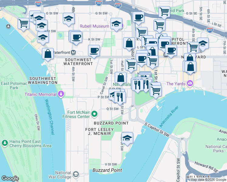 map of restaurants, bars, coffee shops, grocery stores, and more near 101 Independence Avenue Southeast in Washington
