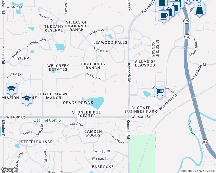 map of restaurants, bars, coffee shops, grocery stores, and more near 14108 Meadow Lane in Leawood