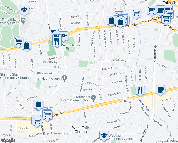 map of restaurants, bars, coffee shops, grocery stores, and more near 6935 Chestnut Avenue in Falls Church