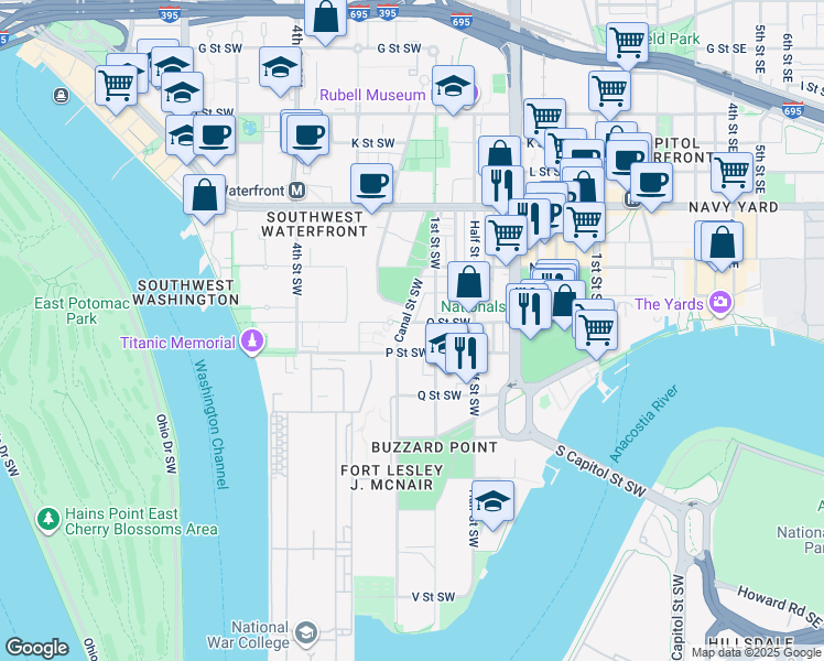 map of restaurants, bars, coffee shops, grocery stores, and more near 124 O Street Southwest in Washington, D.C.