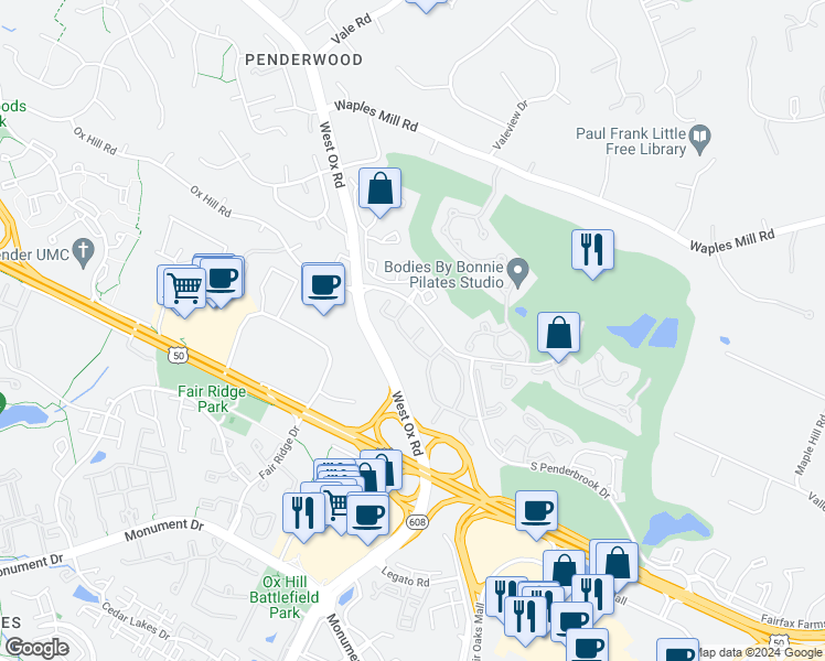 map of restaurants, bars, coffee shops, grocery stores, and more near 12154 Penderview Terrace in Fairfax