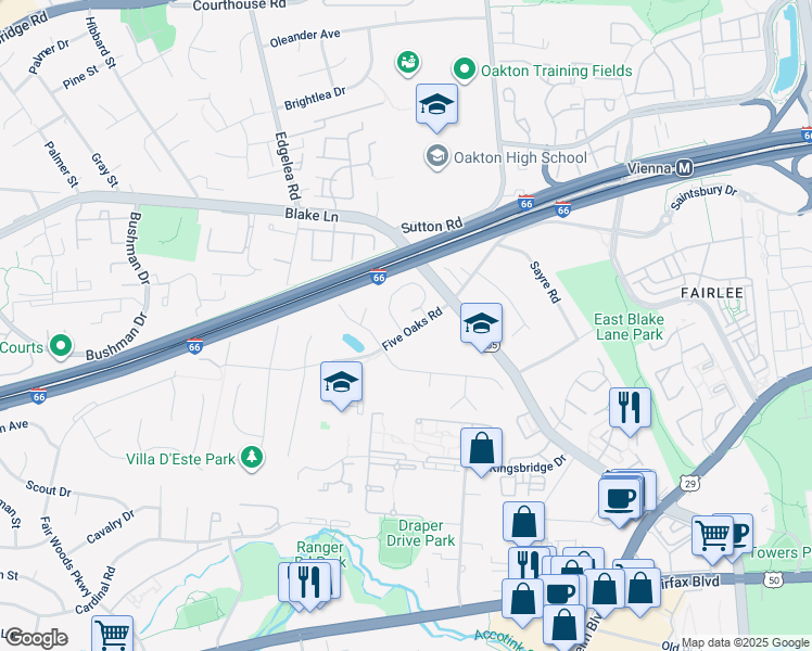map of restaurants, bars, coffee shops, grocery stores, and more near 3034 Steven Martin Drive in Fairfax