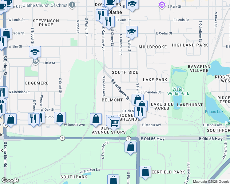 map of restaurants, bars, coffee shops, grocery stores, and more near 633 South Cherry Street in Olathe
