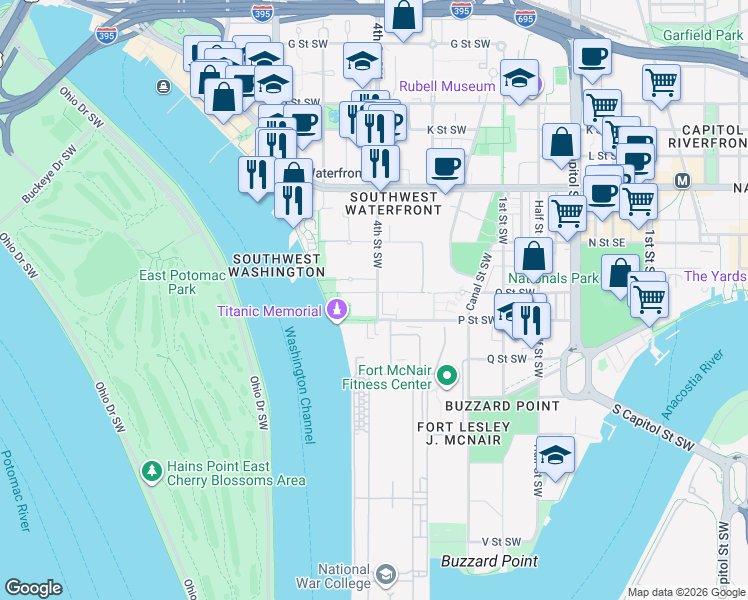 map of restaurants, bars, coffee shops, grocery stores, and more near 101 Independence Avenue Southeast in Washington