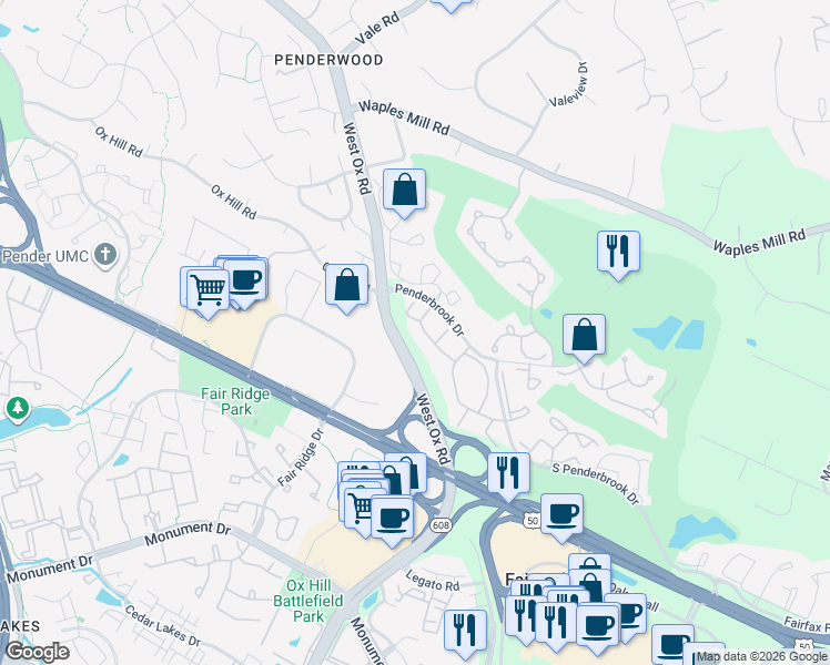 map of restaurants, bars, coffee shops, grocery stores, and more near 12159 Penderview Terrace in Fairfax