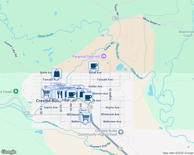 map of restaurants, bars, coffee shops, grocery stores, and more near 615 Teocalli Avenue in Crested Butte