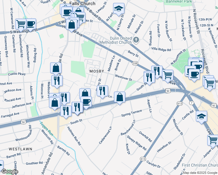 map of restaurants, bars, coffee shops, grocery stores, and more near 2912 Brook Drive in Falls Church