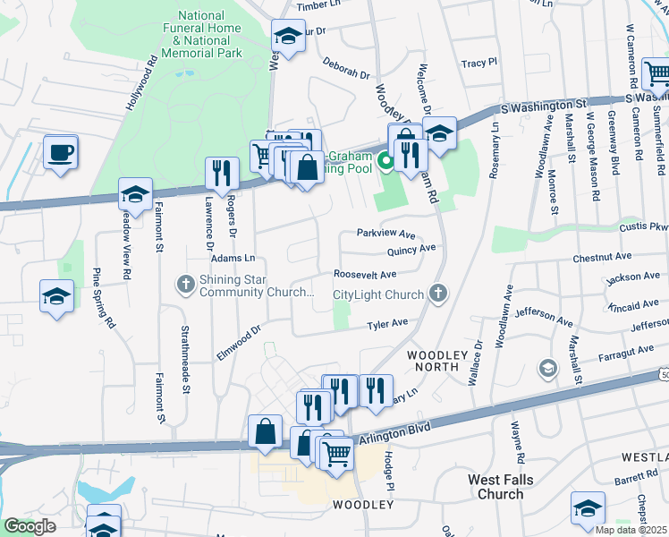 map of restaurants, bars, coffee shops, grocery stores, and more near 7224 Roosevelt Avenue in Falls Church