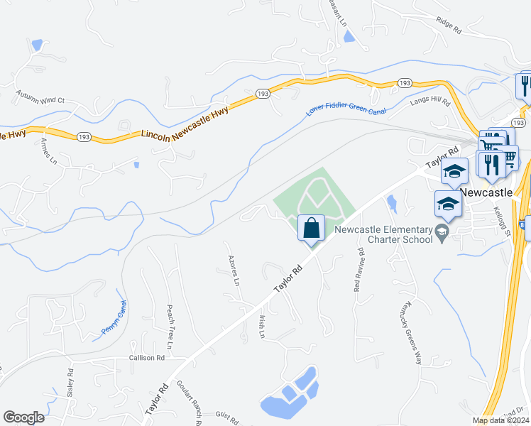 map of restaurants, bars, coffee shops, grocery stores, and more near 910 Taylor Road in Newcastle