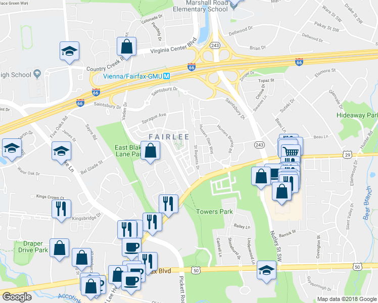 map of restaurants, bars, coffee shops, grocery stores, and more near 2959 Chesham Street in Fairfax