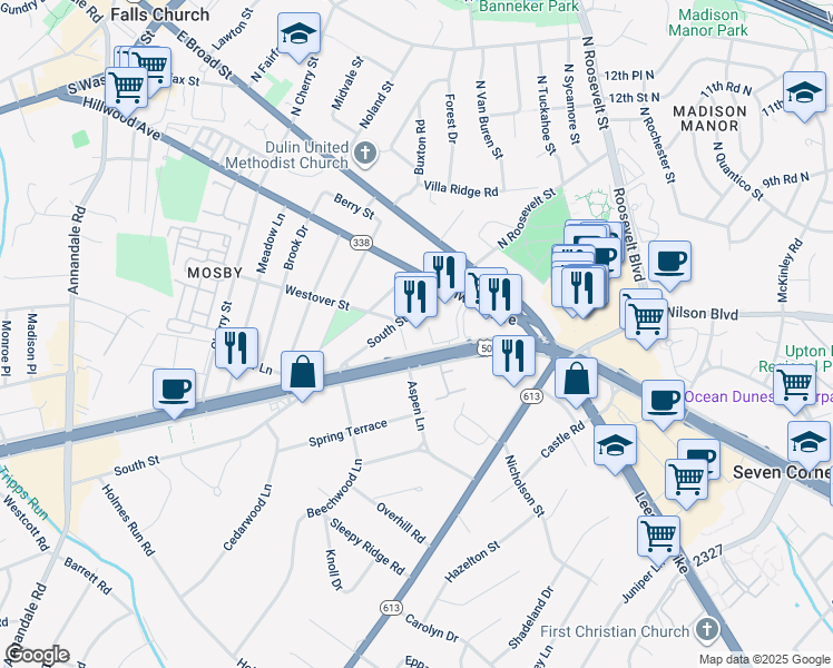 map of restaurants, bars, coffee shops, grocery stores, and more near 6410 Arlington Boulevard in Falls Church