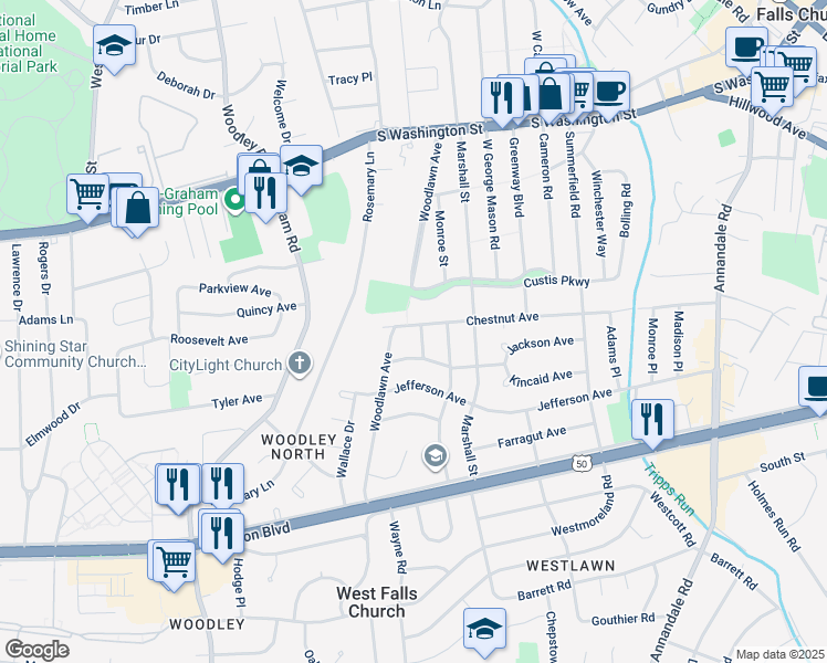 map of restaurants, bars, coffee shops, grocery stores, and more near 6935 Chestnut Avenue in Falls Church