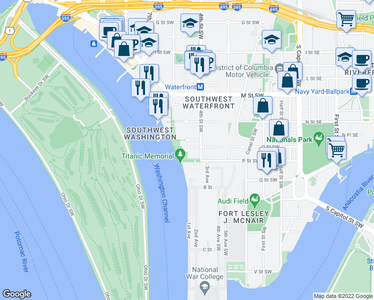 map of restaurants, bars, coffee shops, grocery stores, and more near 1425 4th Street Southwest in Washington