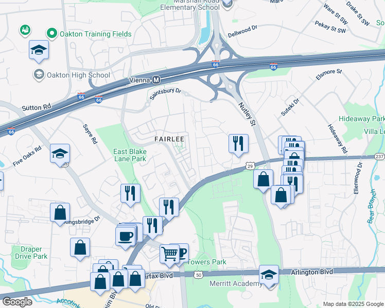 map of restaurants, bars, coffee shops, grocery stores, and more near 2959 Chesham Street in Fairfax