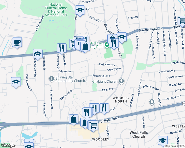 map of restaurants, bars, coffee shops, grocery stores, and more near 7224 Roosevelt Avenue in Falls Church