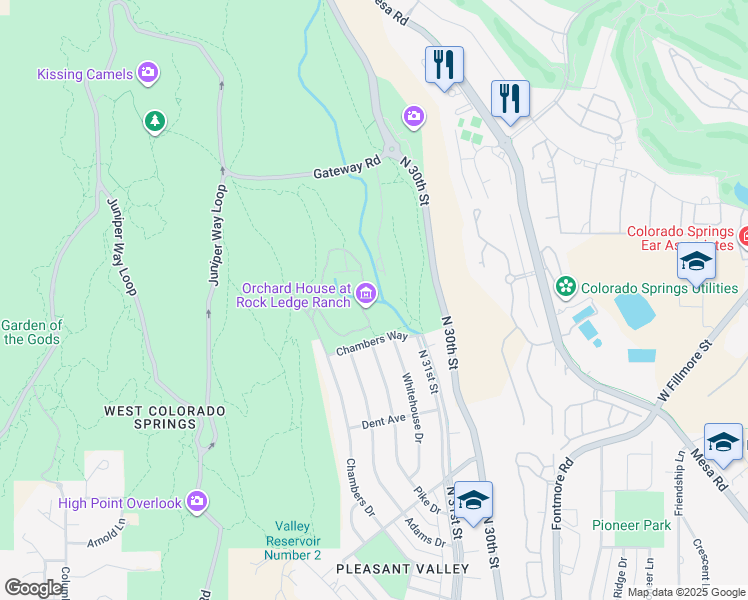 map of restaurants, bars, coffee shops, grocery stores, and more near 3202 Chambers Way in Colorado Springs