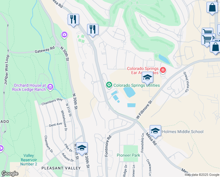 map of restaurants, bars, coffee shops, grocery stores, and more near 2855 Mesa Road in Colorado Springs