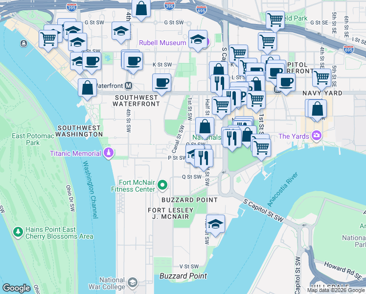 map of restaurants, bars, coffee shops, grocery stores, and more near 101 Independence Avenue Southeast in Washington
