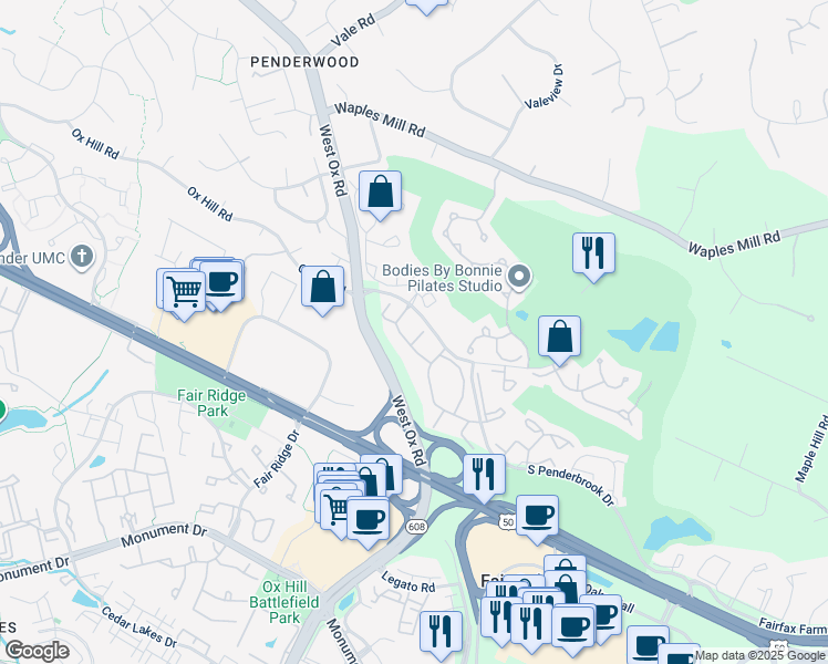 map of restaurants, bars, coffee shops, grocery stores, and more near 12154 Penderview Terrace in Fairfax