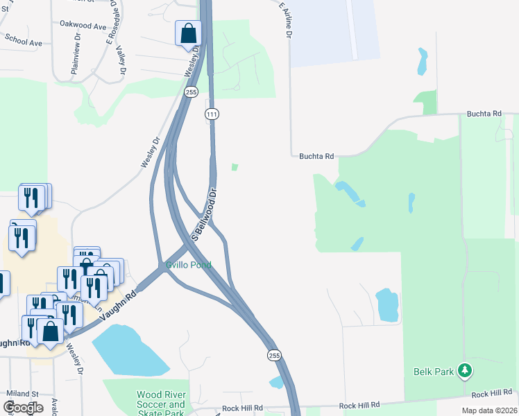 map of restaurants, bars, coffee shops, grocery stores, and more near South Bellwood Drive in Wood River