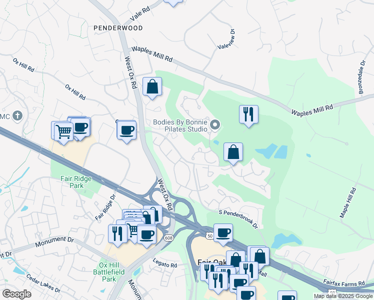 map of restaurants, bars, coffee shops, grocery stores, and more near 3803 Green Ridge Court in Fairfax