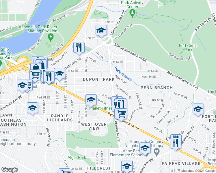 map of restaurants, bars, coffee shops, grocery stores, and more near 3128 O Street Southeast in Washington