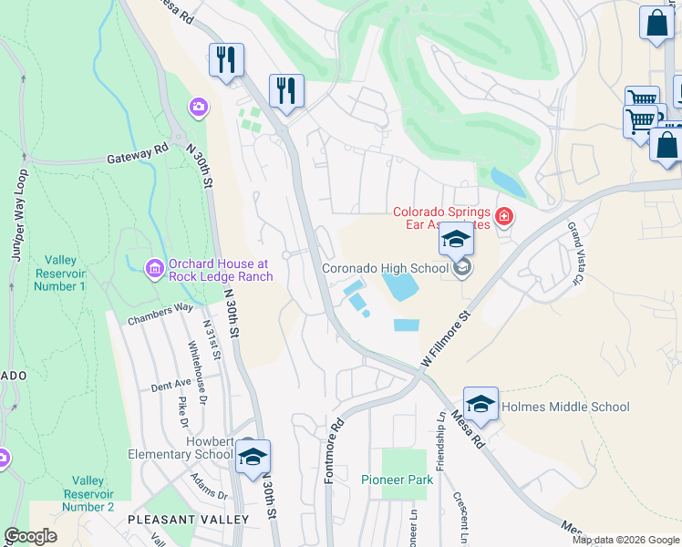 map of restaurants, bars, coffee shops, grocery stores, and more near 2855 Mesa Road in Colorado Springs