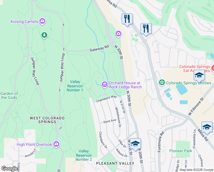 map of restaurants, bars, coffee shops, grocery stores, and more near 3202 Chambers Way in Colorado Springs