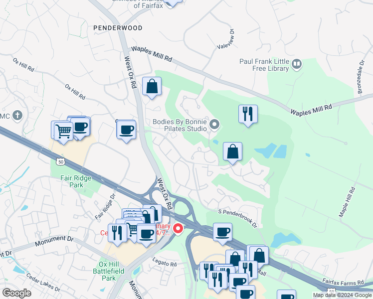 map of restaurants, bars, coffee shops, grocery stores, and more near 3803 Green Ridge Court in Fairfax