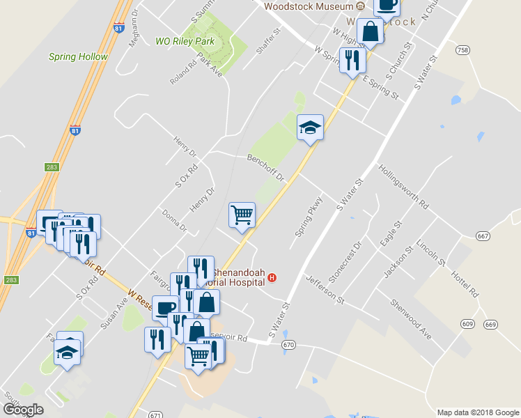 map of restaurants, bars, coffee shops, grocery stores, and more near 736 South Main Street in Woodstock