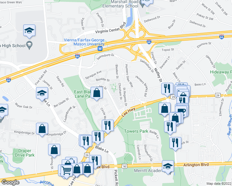 map of restaurants, bars, coffee shops, grocery stores, and more near 9498 Canonbury Square in Fairfax