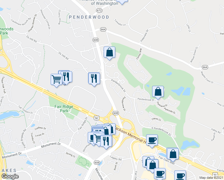 map of restaurants, bars, coffee shops, grocery stores, and more near 12159 Penderview Terrace in Fairfax