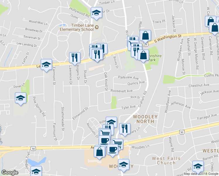 map of restaurants, bars, coffee shops, grocery stores, and more near 7226 Roosevelt Avenue in Falls Church