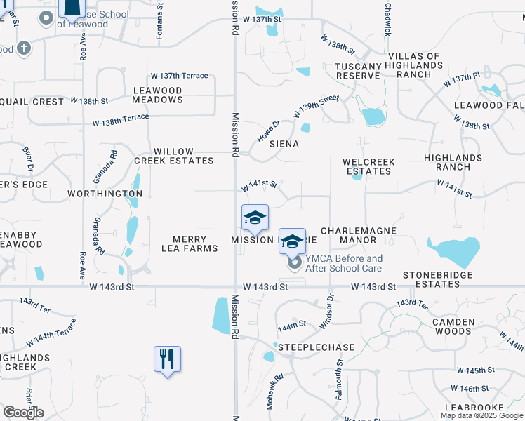 map of restaurants, bars, coffee shops, grocery stores, and more near 14116 Mohawk Road in Overland Park